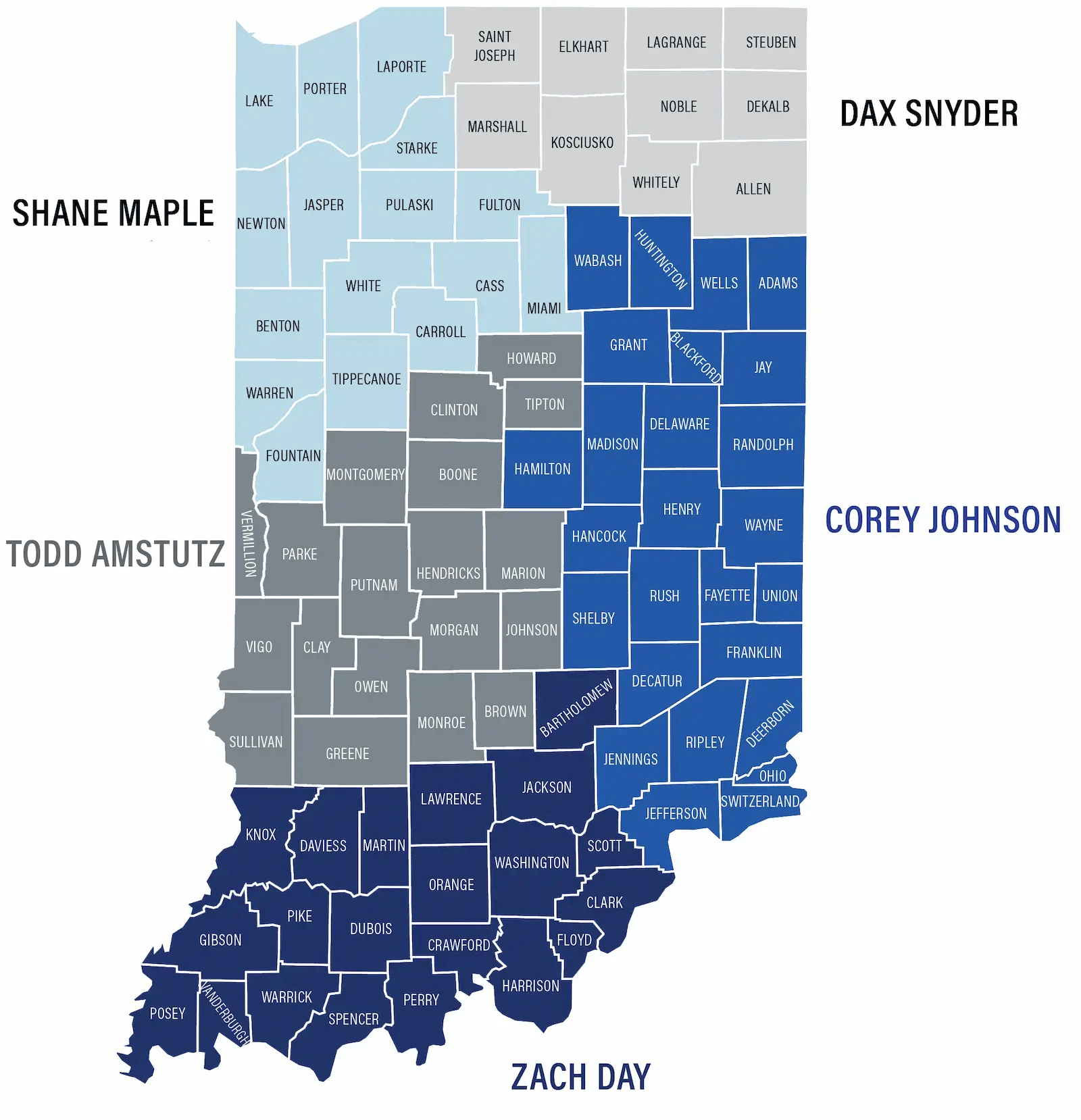 Indiana county map showing MacQueen Fire Equipment sales representative territories for fire apparatus, firefighting equipment, SCBA, turnout gear, parts, and service.