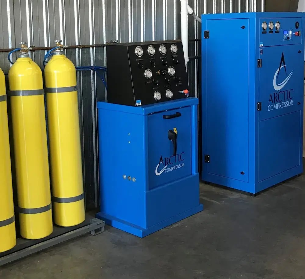 Arctic compressor package with breathing air cylinders, control panel, and compressor system.