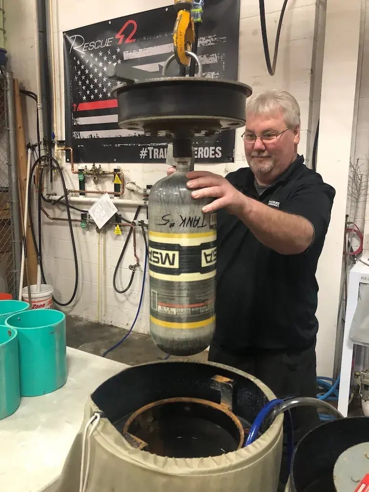 MSA SCBA cylinder undergoing hydrostatic testing.