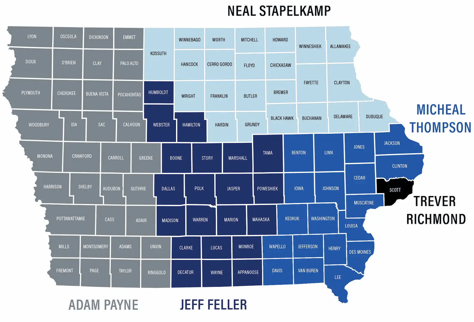 Map showing territories for sales representatives in Iowa.