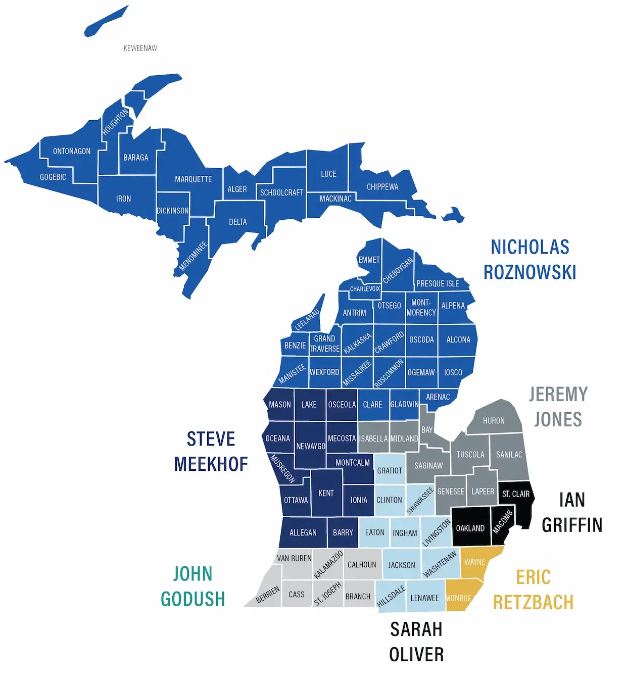 Map showing territories for sales representatives in Michigan.