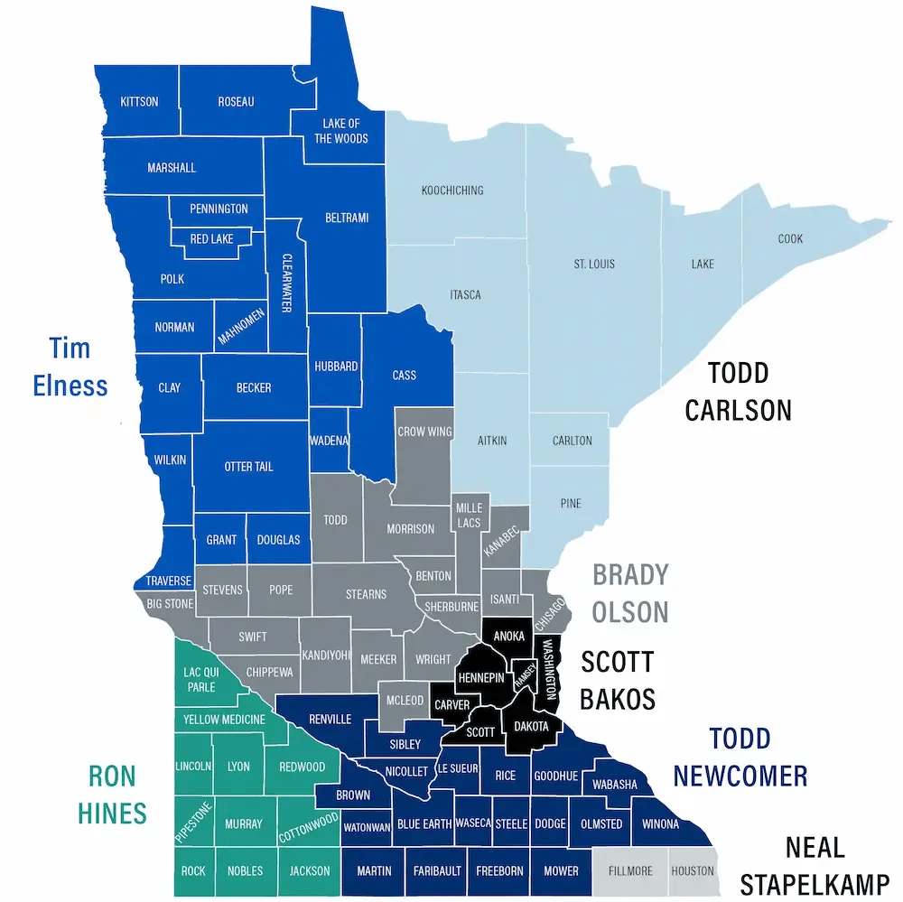 Map showing territories for sales representatives in Minnesota.