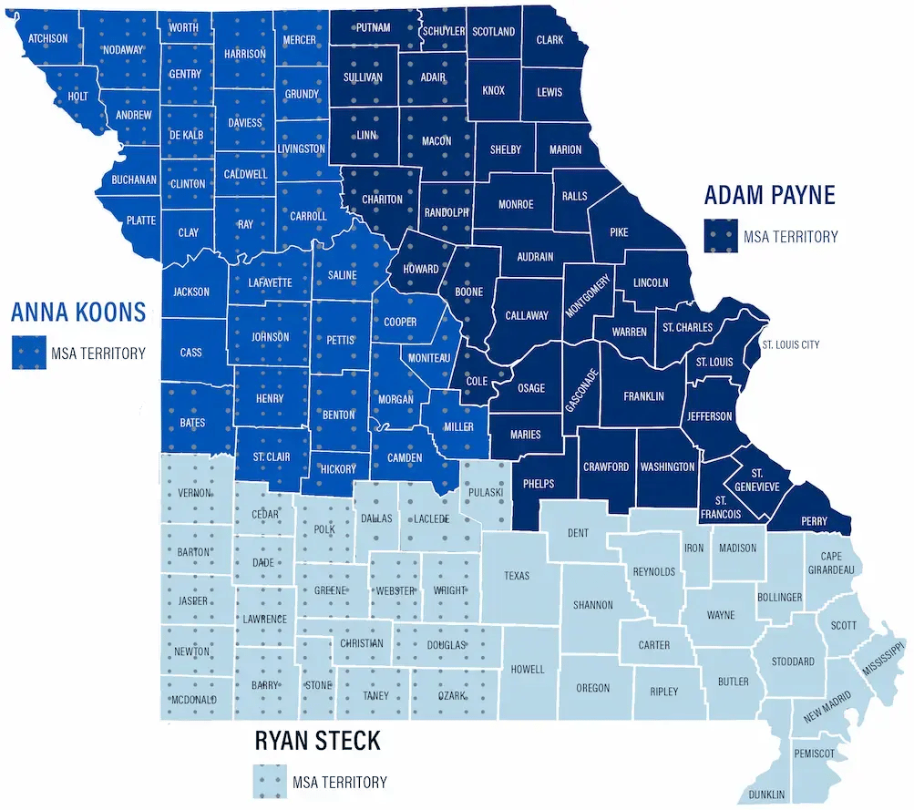 Map showing territories for sales representatives in Missouri.