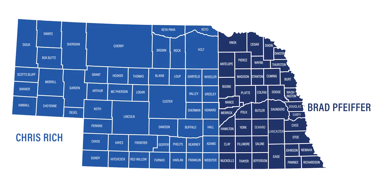 Map showing territories for sales representatives in Nebraska.