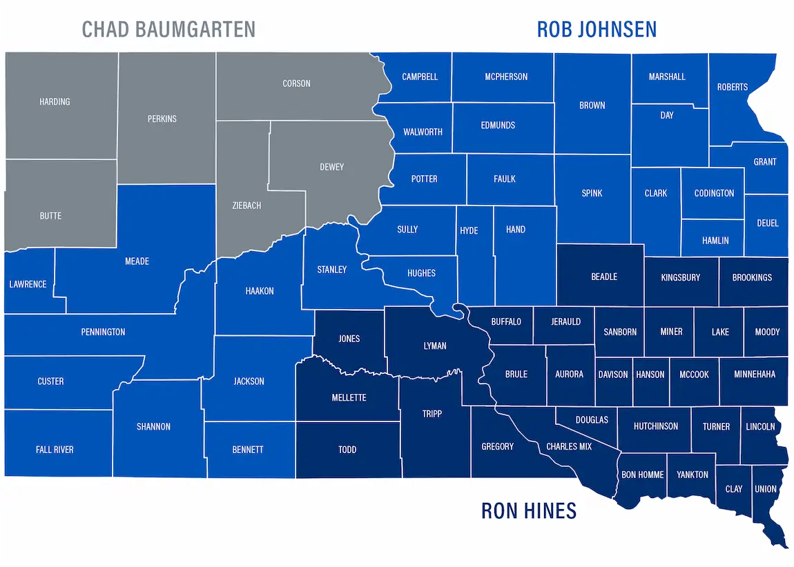 Map showing territories for sales representatives in South Dakota.