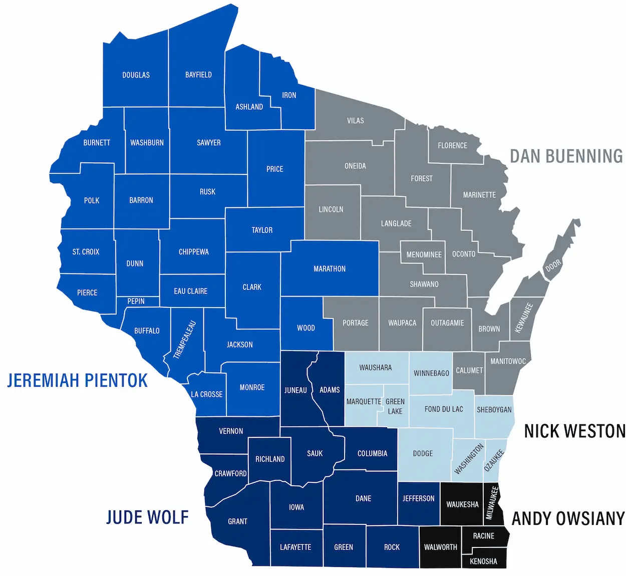 Map showing territories for sales representatives in Wisconsin.