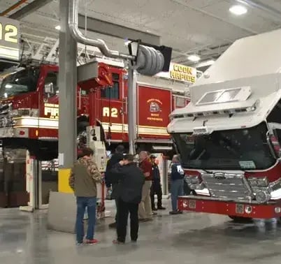 Advanced diagnostic testing performed on an emergency vehicle using electronic service and troubleshooting equipment.