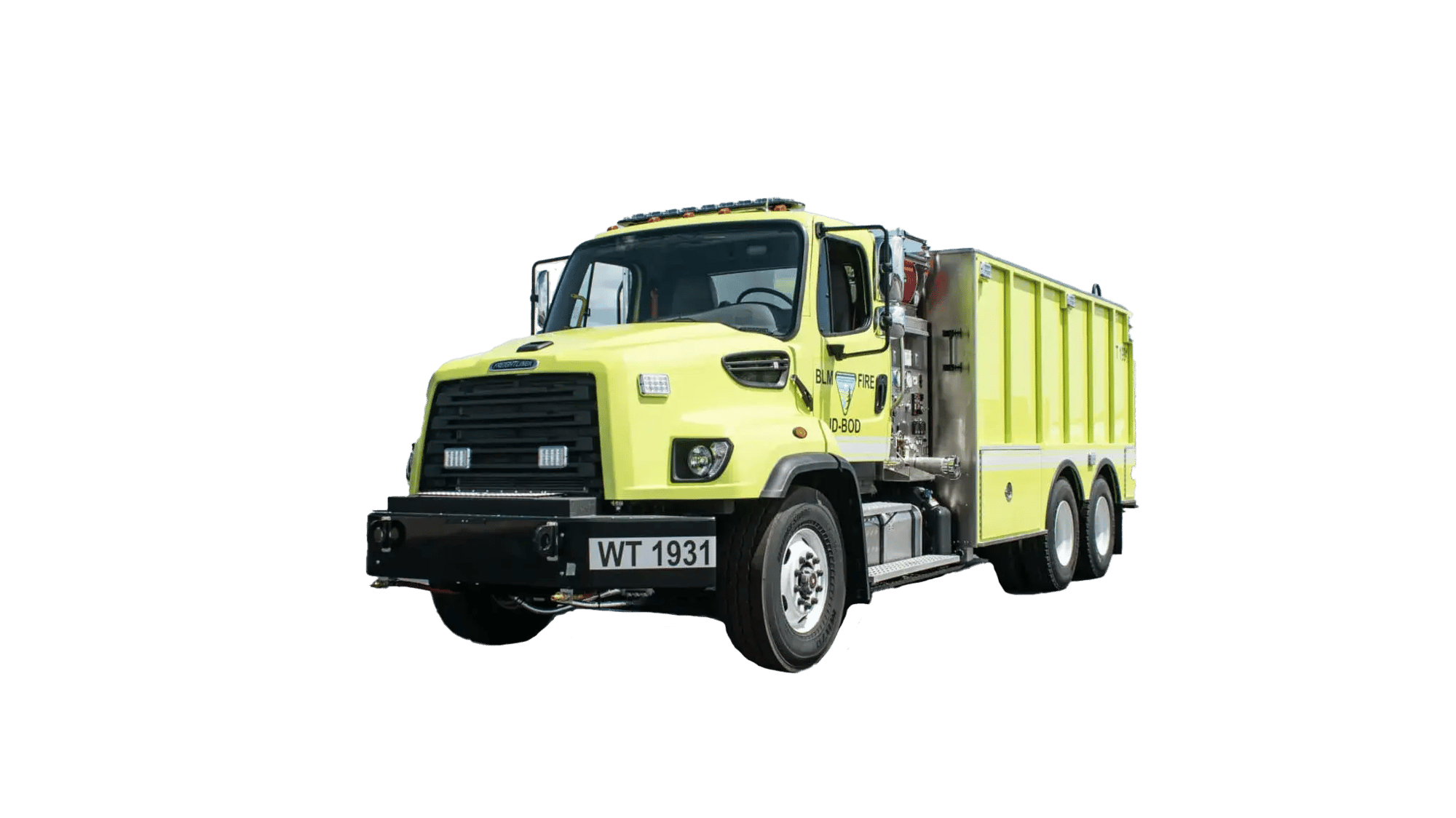 BME Water Tender Cascade with a water tank body, side storage compartments, crew cab, and emergency warning lights.