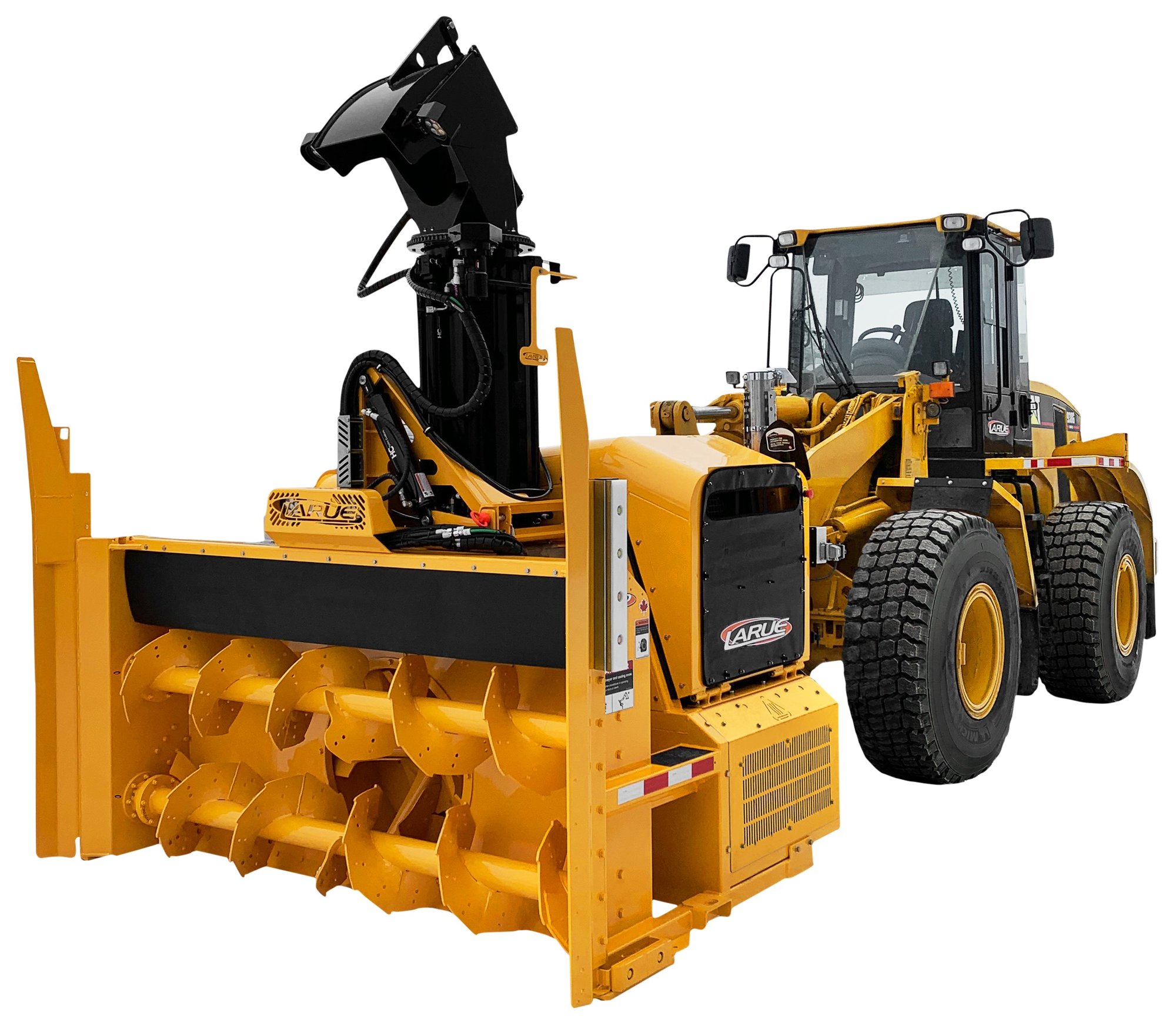 Heavy-duty loader-mounted snow blower attachment engineered for airport runway snow removal, highway maintenance, and large-scale commercial snow clearing with high-capacity performance and adjustable discharge chute.