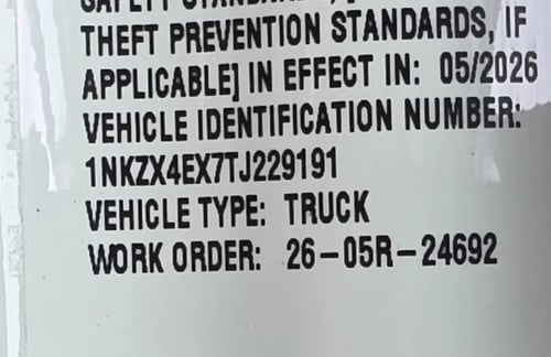 VIN tag for Truvac HXX on Kenworth T880 8x4