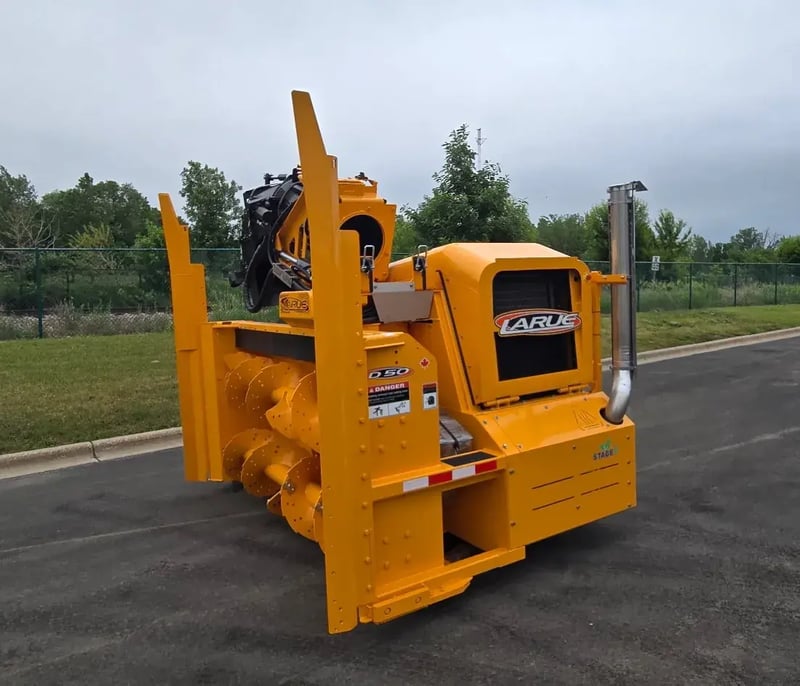 Larue D50 loader-mounted snow blower front left angle view