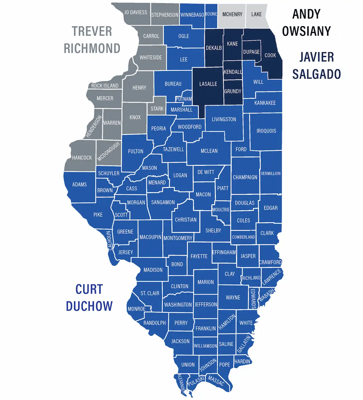 Illinois county map showing MacQueen Fire Equipment sales representative territories for firefighting equipment, SCBA, turnout gear, and more