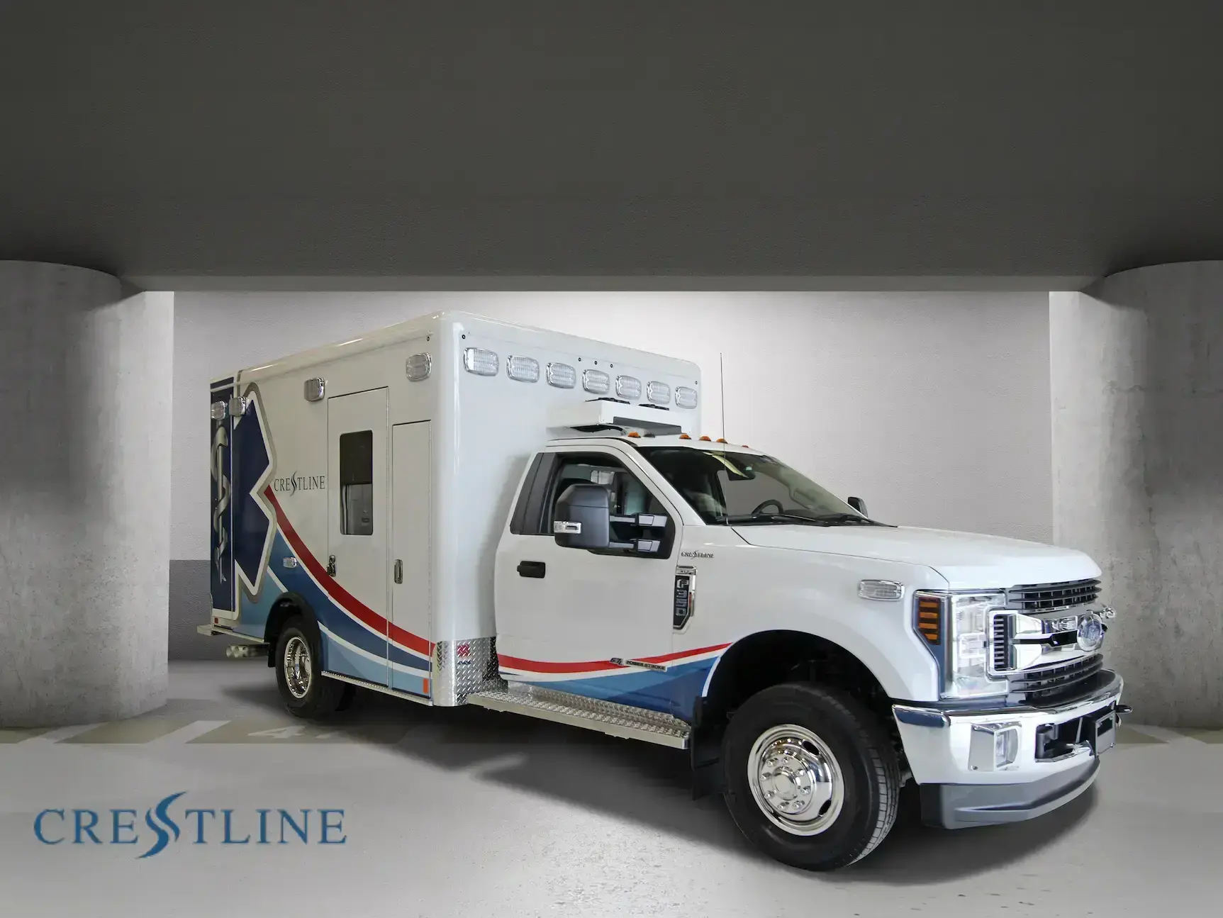 Crestline Type I ambulance with a modular patient compartment and emergency response equipment.