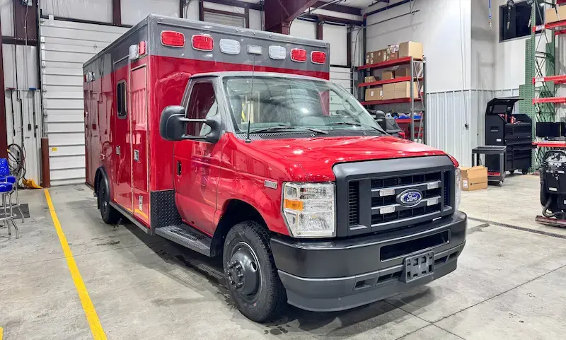 Ambulance undergoing remounting to extend vehicle service life through chassis replacement, refurbishment, and continued EMS fleet performance.