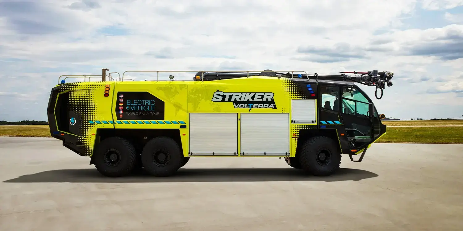 Oshkosh Striker Volterra electric ARFF vehicle designed for rapid aircraft rescue and firefighting operations at airports.