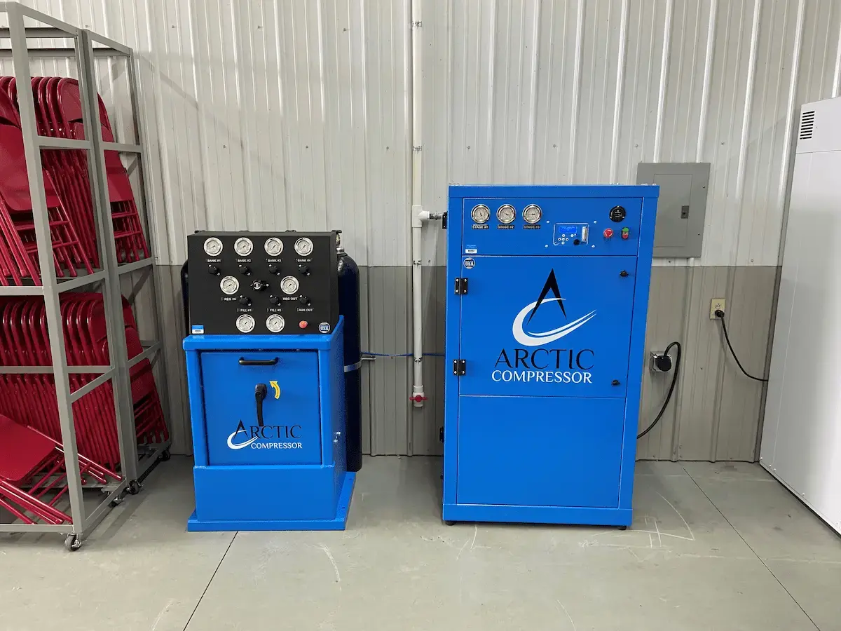 Arctic Compressor breathing air system with fill station for supplying and refilling SCBA cylinders used in firefighting and emergency response operations.