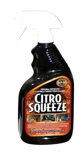 CitroSqueeze PPE and turnout gear cleaner spray formulated to remove fireground contaminants while helping preserve firefighter protective apparel.