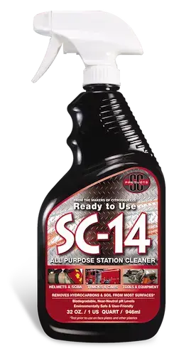 SC-14 all-purpose fire station cleaner spray formulated to remove dirt, soot, and contaminants from fire station surfaces and equipment.