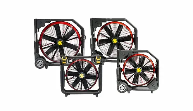 Super Vac battery-operated PPV fans delivering cordless positive pressure ventilation for fireground smoke removal and emergency response.