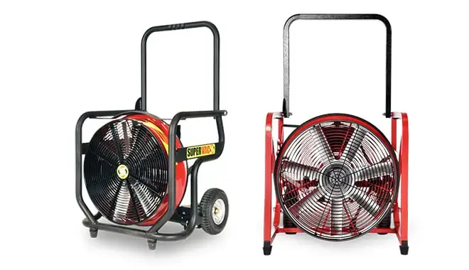 Super Vac electric PPV fans designed to improve smoke ventilation and indoor air movement during firefighting operations.