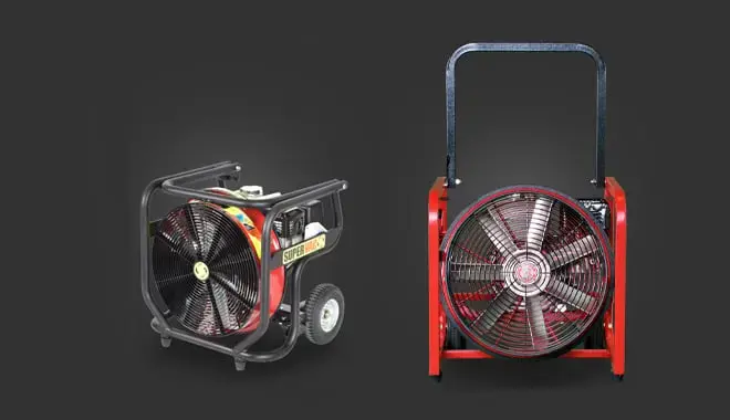 Super Vac gas-powered PPV fans providing high-volume airflow for rapid structure ventilation and fire scene operations.