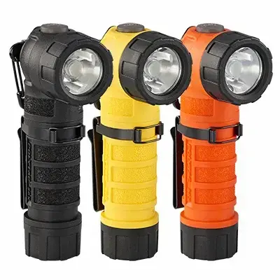 Streamlight PolyTac 90 X right-angle flashlight designed for hands-free illumination during firefighting, rescue, and industrial safety operations.