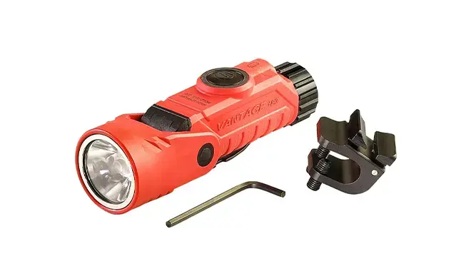 Streamlight Vantage 180 LED helmet light providing hands-free illumination with versatile right-angle lighting for firefighting and technical rescue.