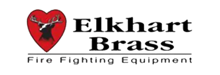 Elkhart Brass logo featuring a red shield with an elk silhouette and metallic lettering, representing firefighting nozzles, valves, and fire suppression equipment.