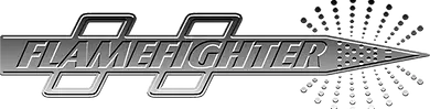 Flamefighter logo featuring stylized metallic lettering and a water spray graphic, representing firefighting equipment, foam systems, and fire suppression technology.