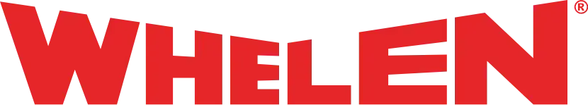 Whelen logo featuring bold red lettering, representing emergency warning systems, lighting products, and safety solutions for public safety and fleet vehicles.
