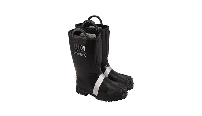 Thorogood Hellfire dual-certified rubber firefighting boots featuring insulated protection and fireground durability.